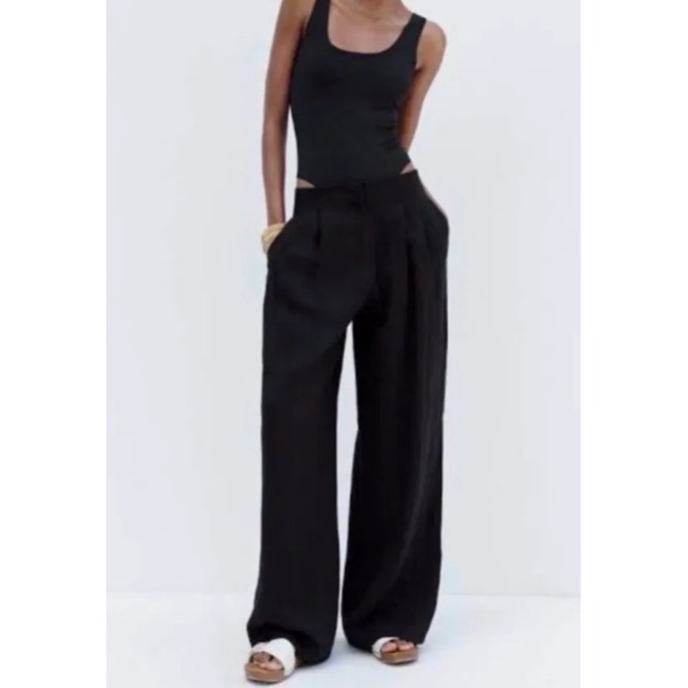 Zara Black High Waisted Wide Leg Pleated Trousers Pants 1255/506/800 XS